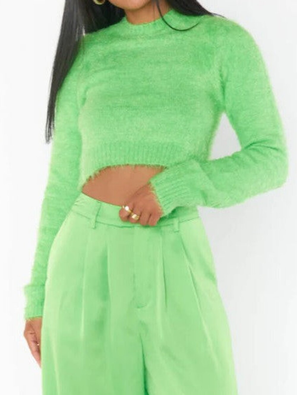NWT Show Me Your Mumu Varsity Fuzzy Knit Bright Green Cropped Sweater Sz Medium